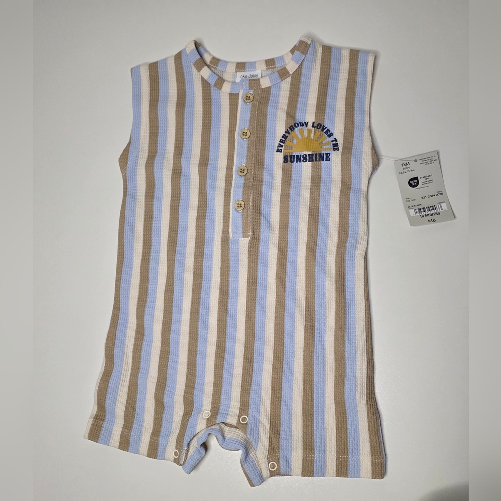 NWT Okie Dokie 18M Boys Striped Romper 'Everybody Loves The Sunshine'
